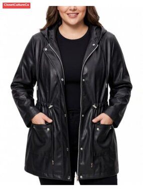 Plus Size Hooded Faux Leather Jacket Drawstring Waist Long Fall Outerwear